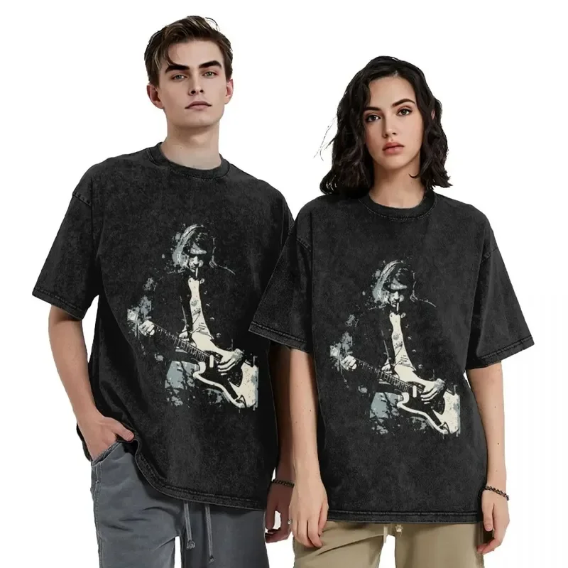 Kurt Cobain guitar T shirt hip hop washed short sleeve High Street T-shirts vintage for Men Women tops streetwear summer tees