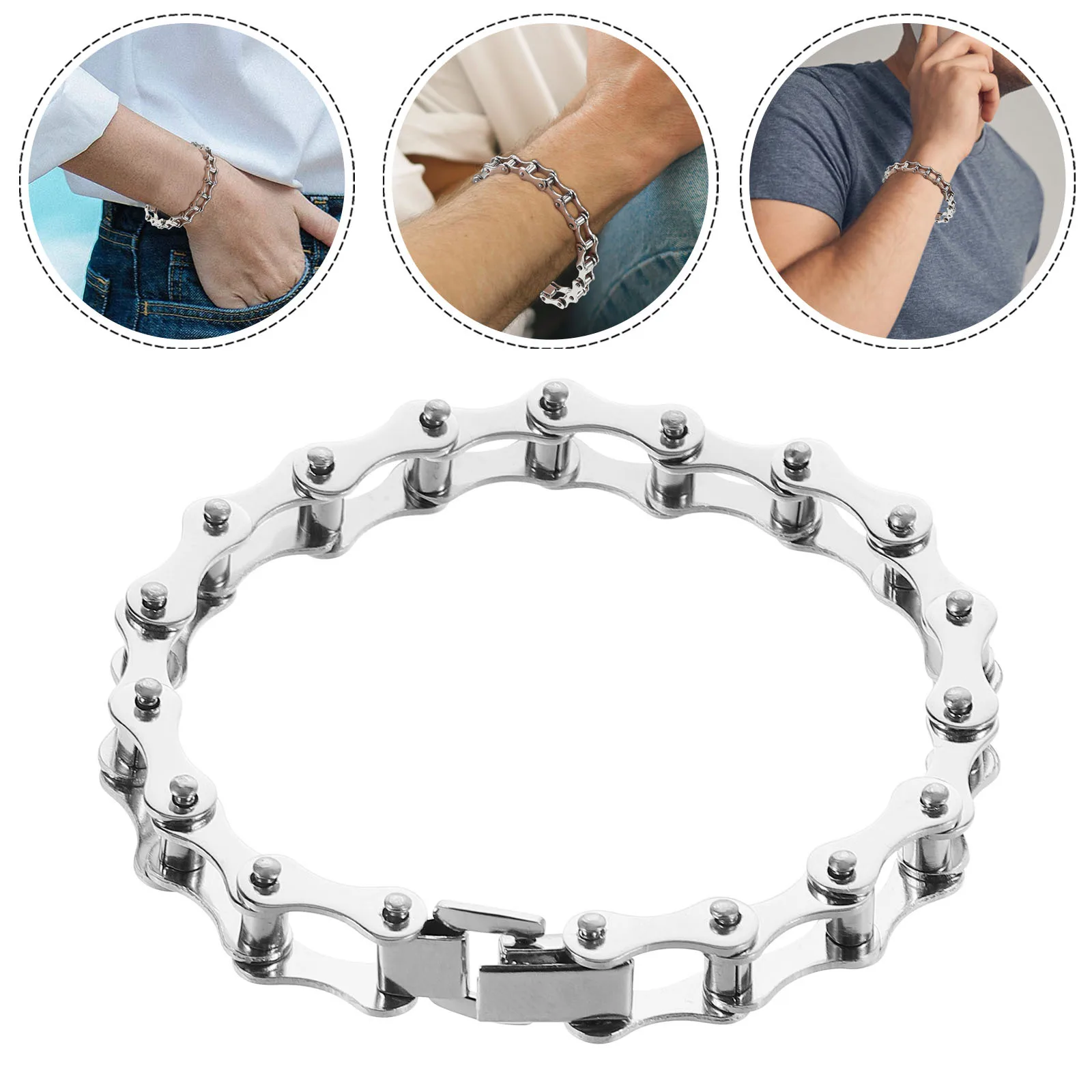 

Bike Chain Bracelet Stainless Steel Silicone Durable Smooth Hollow Design Fold-Over Clasp Unisex Jewelry For Men Women
