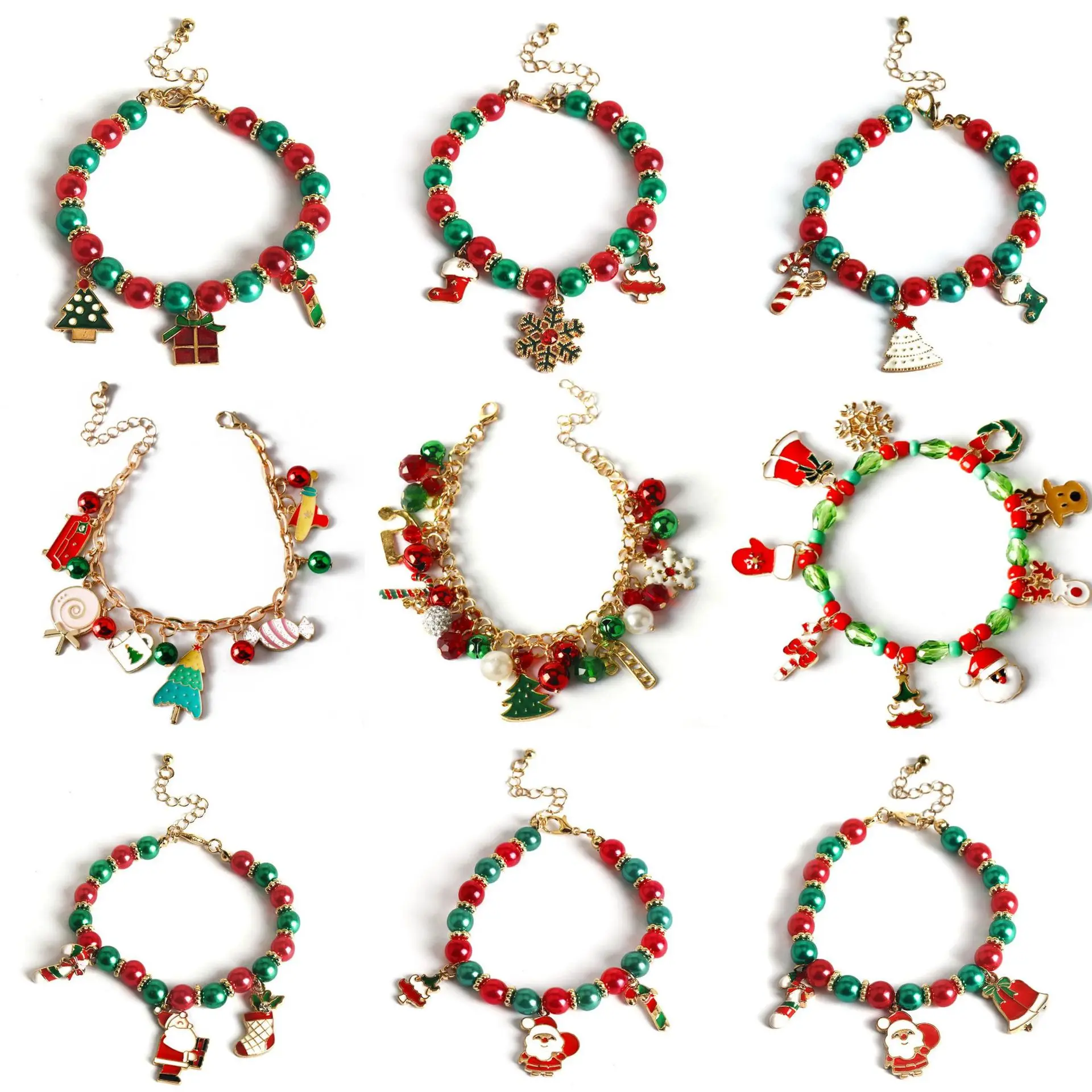 กำไลข้อมือลูกปัดของขวัญเทศกาลคริสต์มาส ซานตาคลอส ระฆังเกล็ดหิมะ พู่ห้อยระย้า ทำมือ เครื่องประดับสำหรับสาวๆ ของขวัญสำหรับงานปาร์ตี้