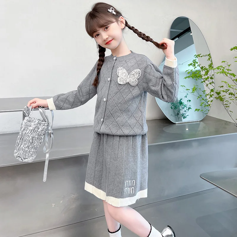 Girls Outfit Sets Butterfly O-neck Cardiganr  Qrincess Clothing Sets School Style  Dresses For Kids Girls Girls Clothes