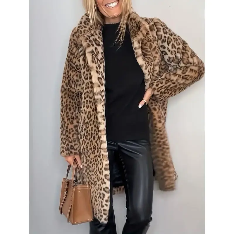 Elegant Leopard Print Long Coat for Women Casual Formal Medium Year Spring No Brand Registered Trademark Apply to