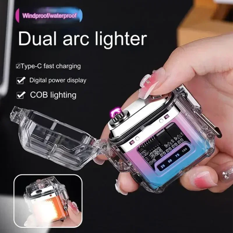 Outdoor waterproof lighting electric lighter - transparent curved design with rechargeable power display screen