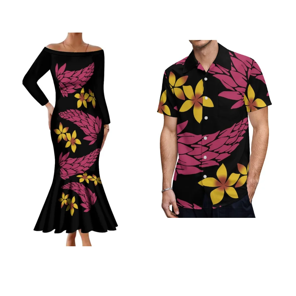 

Polynesian Couple Dress Custom Tribal Print Long Sleeve Line Shoulder Elegant Fishtail Skirt For Women Dress For Men Shirt