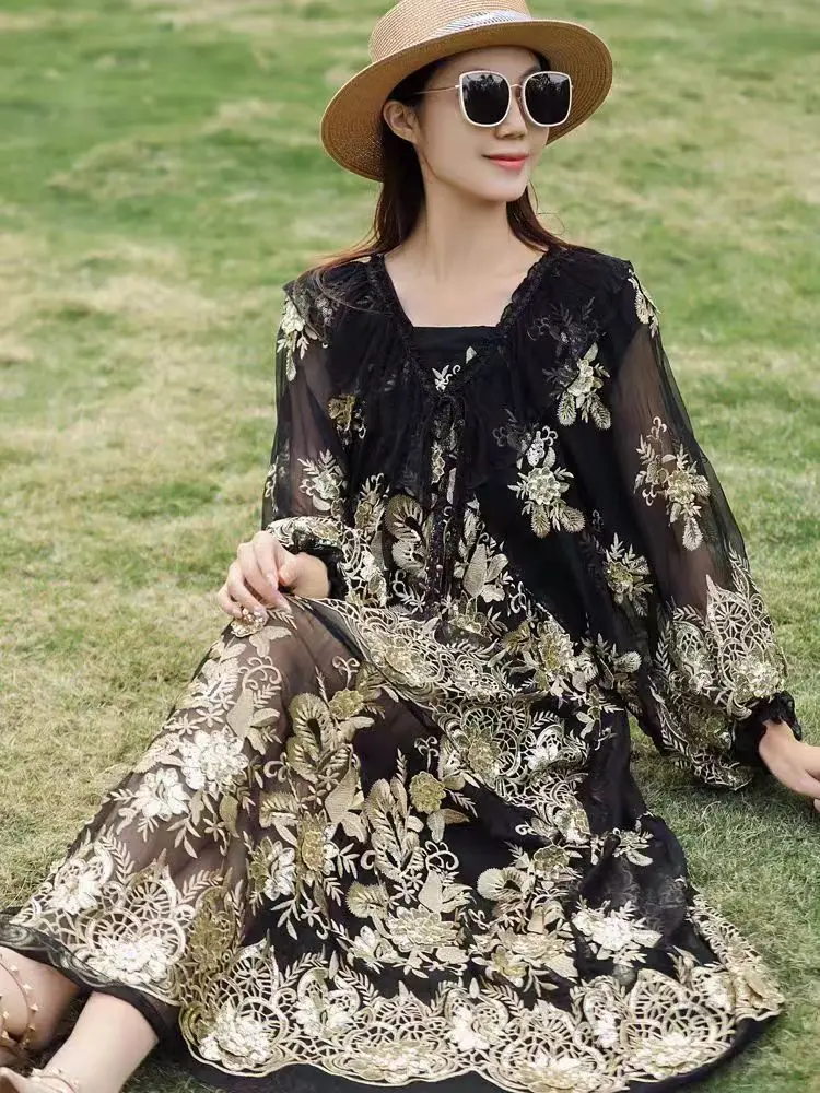 High End Spring/Summer New Women's Silk Embroidered Feather V-Neck Long sleeved Loose Black Dress One Size