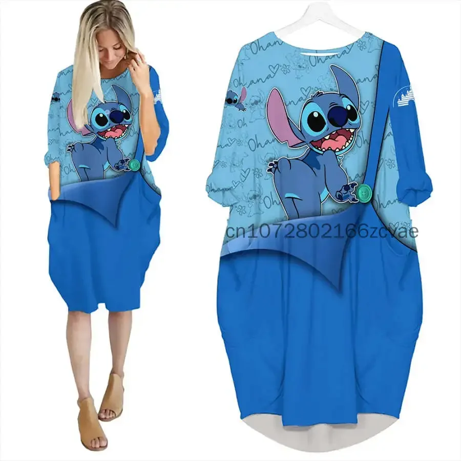 2024 New Eeyore Women\'s Batwing Pocket Dress 3D Printed Disney Stitch Oversize Fashion Street Dress Long Sleeve Sleeping Dress
