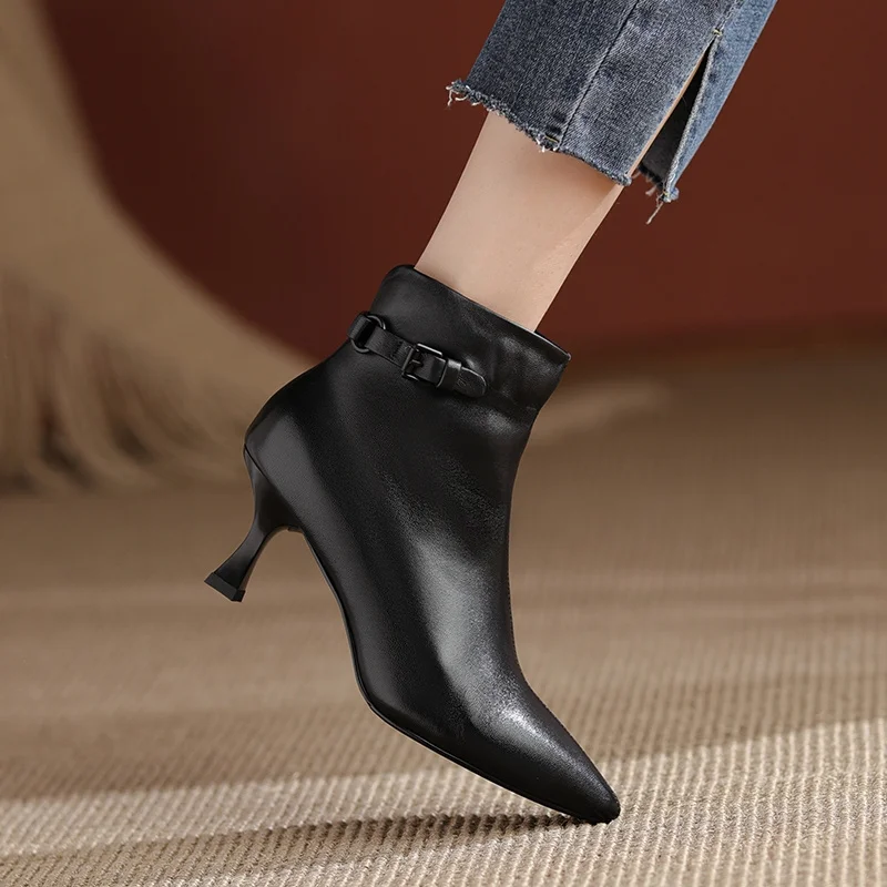 2022 Autumn and Winter New Stiletto Ankle Boots Women Pointed Toe Temperament Side Zipper Black Comfortable Women\'s Boots