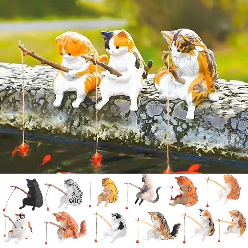 3/2/1PCS Cats Fishing Figurine Cat Sculpture Sitting Fishing Little Cute Cat Resin Ornament Decorative Furnishings For Aquarium