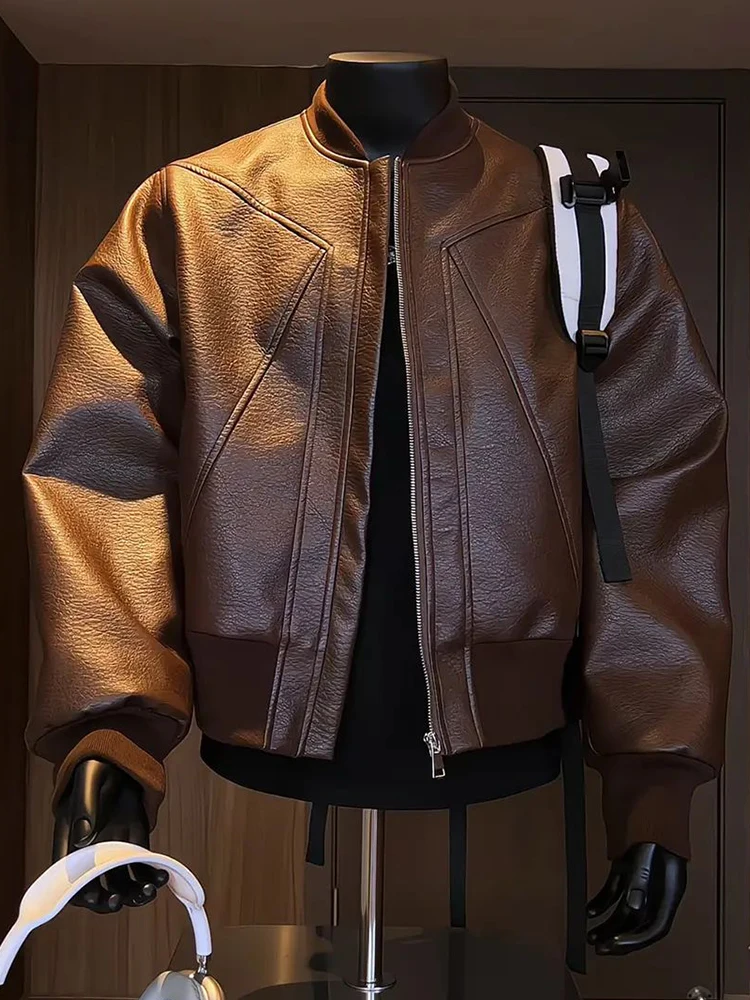 

Cé Brown Men's Leather Jaet Motorcycle Sle Windproof Water-resistant Baseball Collar Coat Trendy Brand Premium Feel