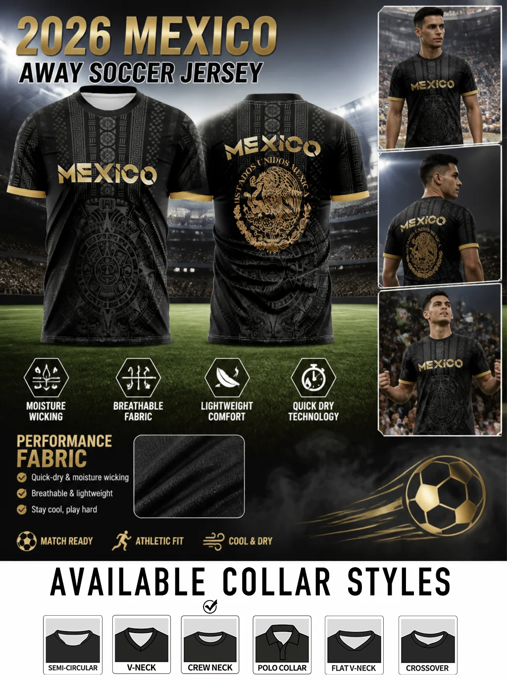 camisa-de-futebol-do-mexico-padrao-maia-preto-e-dourado-emblema-da-aguia-estampa-mExico-secagem-rapida-varios-estilos-de-gola