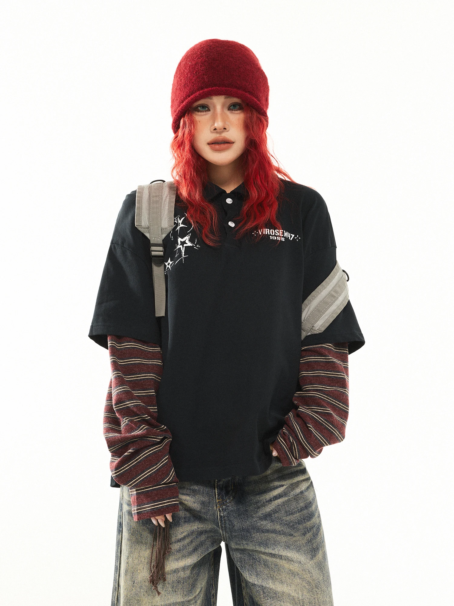 

Футболка унисекс Damon Island в американском ретро-стиле с полосками и пэчворком, с длинным рукавом, с эффектом выцветания, с буквенным принтом, повседневная, комфортная