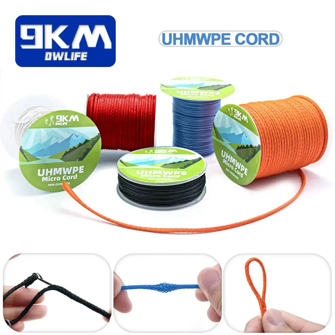 

9KM UHMWPE Cord 0.8~1.6mm Hollow Braided Rope Hammock Tarp Tent Rope Kite Line Fishing Climbing Camping Kayak Sailboat 100~750lb