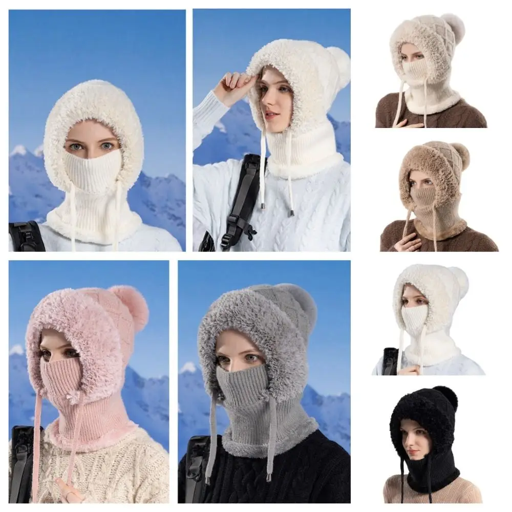 Fashion Plush Winter Fur Cap Mask Set Solid Color Windproof Scarf All-In-One Hat Thickened Neck Protector Balaclavas Hat Male