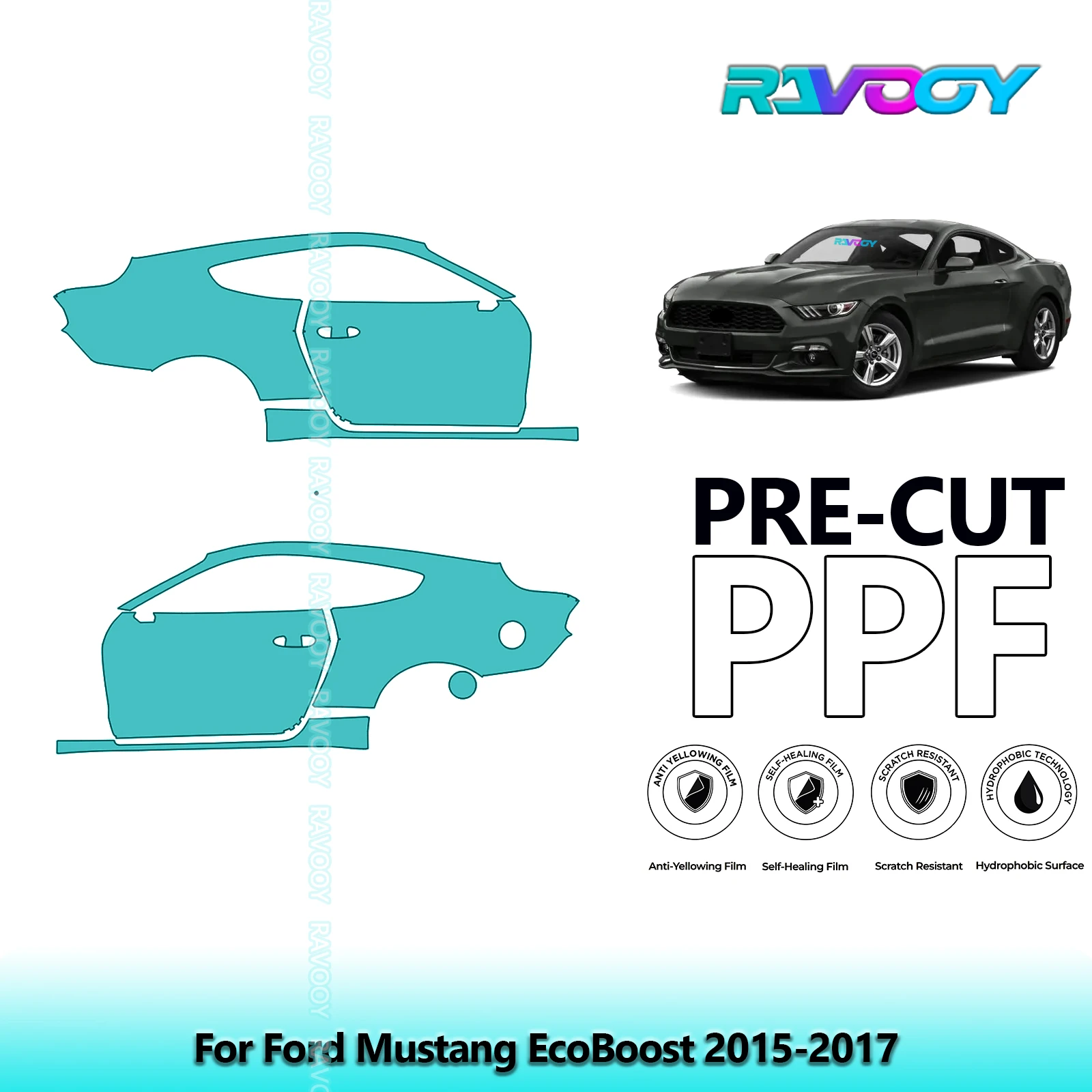 

For Ford Mustang EcoBoost 2015-2017 8.5mil Clear Matte Pre-Cut PPF Door & A/B Pillar Kit TPU Paint Protection Film Set