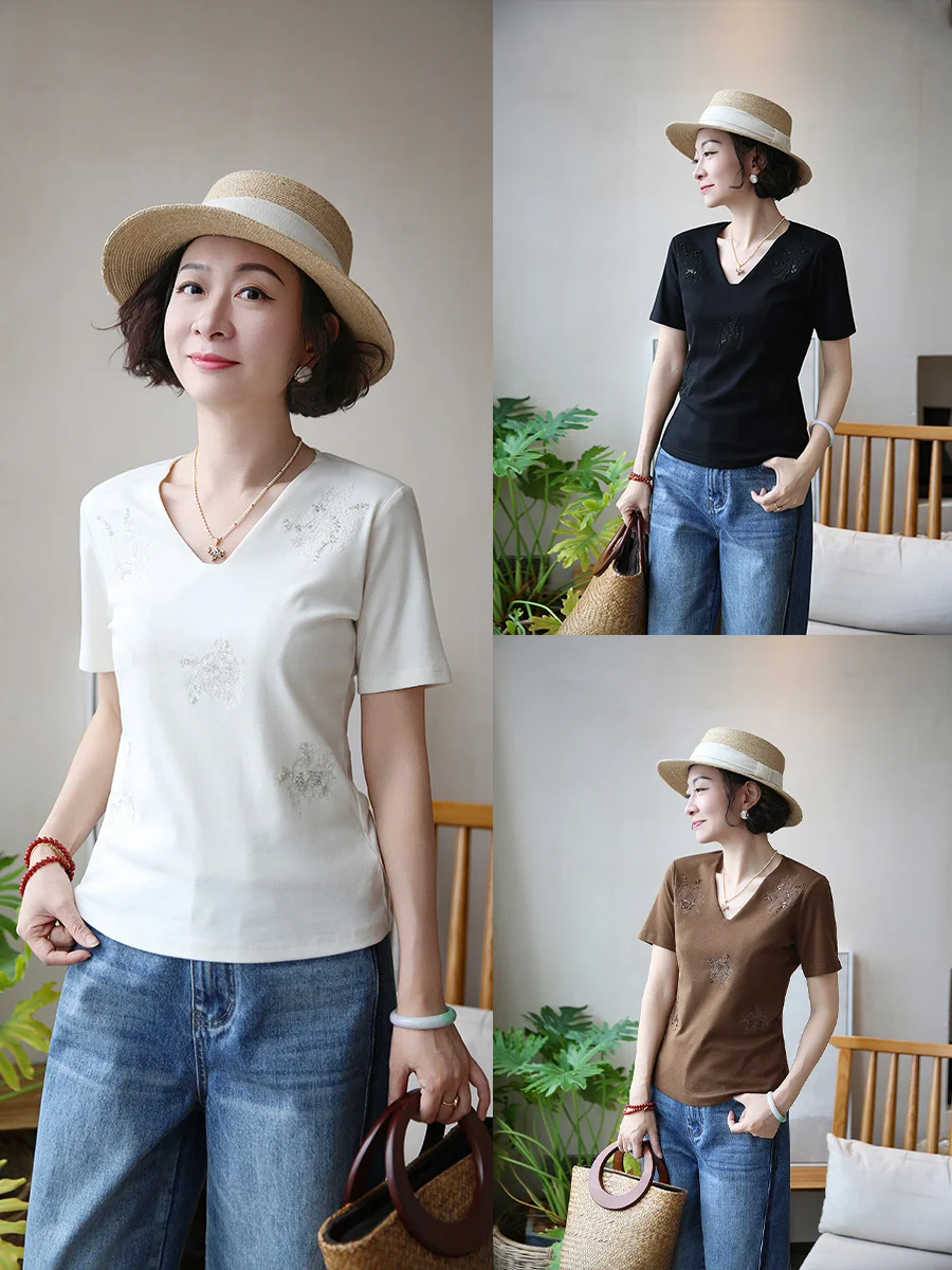 

Comfortable Slim Fit Cotton Lyocell T-Shirt Embroidered V-Neck Premium Quality Breathable Casual Wear for Women