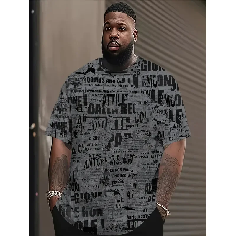 2026 Men Newspaper Graffiti Print T Shirt Random Digital Large Size Short Sleeve Crew Neck Top Fashion Trend Comfortable
