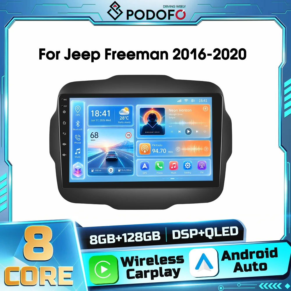 Autoradio Android 2din Podofo 8 cœurs pour Jeep Renegade 2016-2020, Android Auto, DSP, WIFI, GPS, Navigation, Bluetooth, Carplay sans fil, Autoradio, Récepteur FM RDS