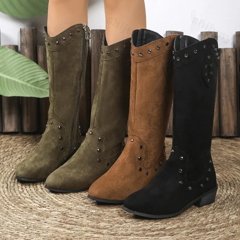 

Women Knee High Boots 2025 Autumn Fashion Pointed Toe Chelsea Boots Retro V-neck Designer Western Suede Cowboy Boots Botas Mujer