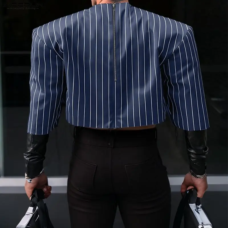 INCERUN قميص مخطط للرجال برقبة دائرية 3/4 كم وسحاب قطع علوية قصيرة غير رسمية ملابس خروج فضفاضة موضة 2026 ملابس رجالية ترفيهية قمصان