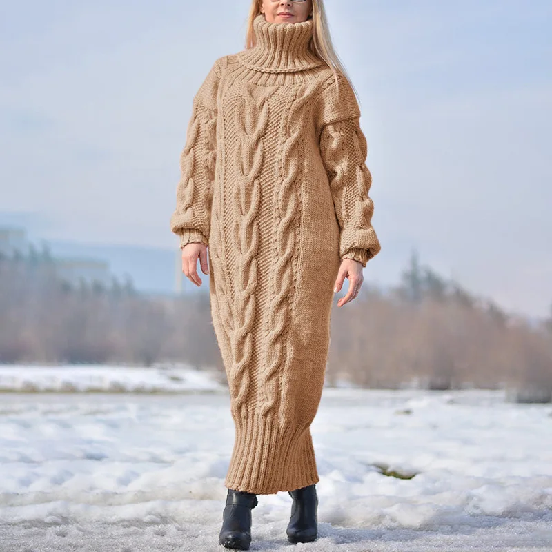 Knöchellange Kleider für Damen, solides Strickkleid, Rollkragen, lange Ärmel, lockere Passform, Herbst, leicht dehnbar, 2025, Pullover, lässig