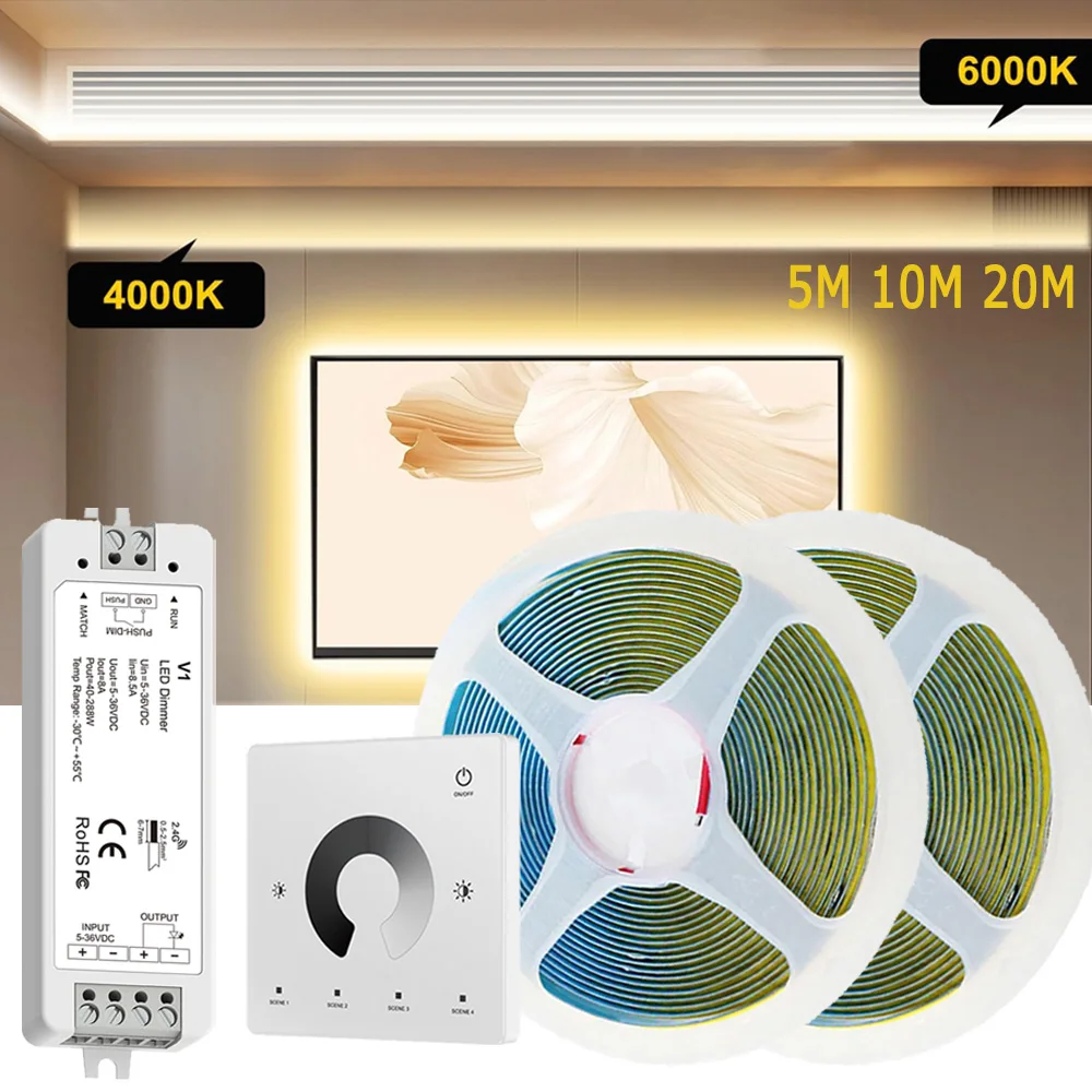 

5m 10m 20m COB LED Strip 24V Flexible Room Light 2.4G RF Touch Panel Dimming Remote Warm White Natural White 3000K 4000K 6500K