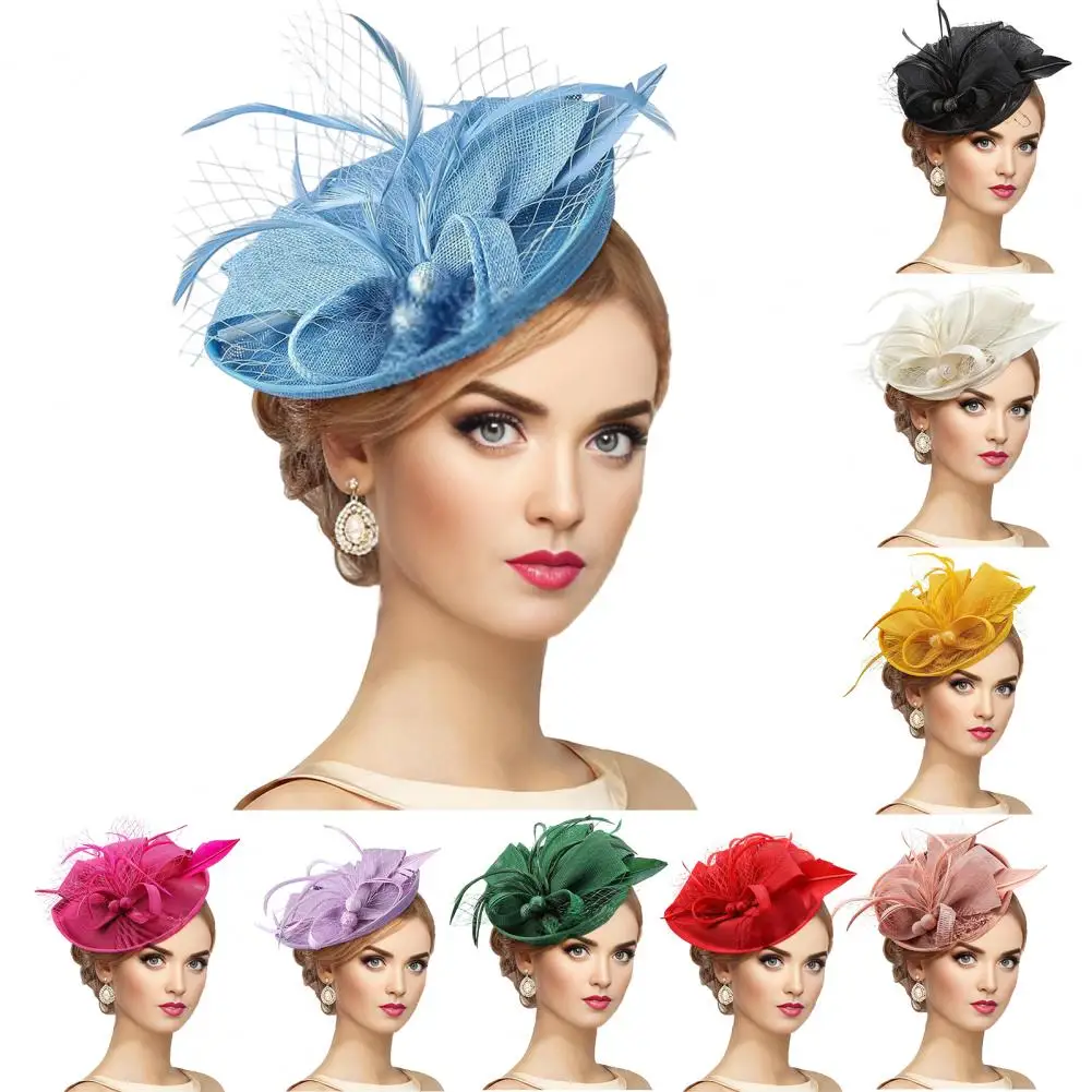 Topper Hat with Bow Mesh Accent Hair Accessory Retro Style Topper Hat for Women Imitation Linen Fascinator with Bows Feathers