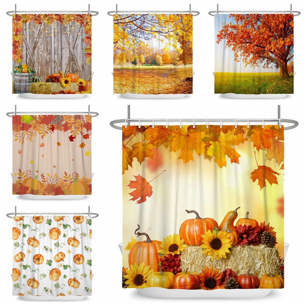 

Autumn Shower Curtains Maple Leaves Tree Pumpkins Wooden Pattern Bathroom Waterpoof Febric Curtain Bathtud Decoration with Hooks