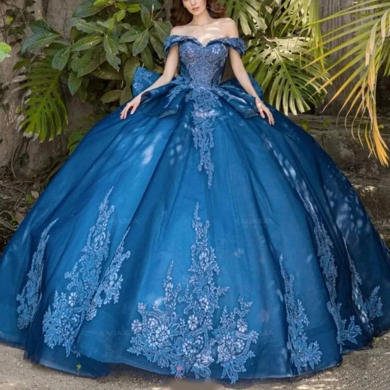 

Blue Shiny Quinceanera Dresses Lace Applique Beads Tull Off the Shoulder Ball Gown Vestido De 15 Anos Party Birthday Lace-Up Swe