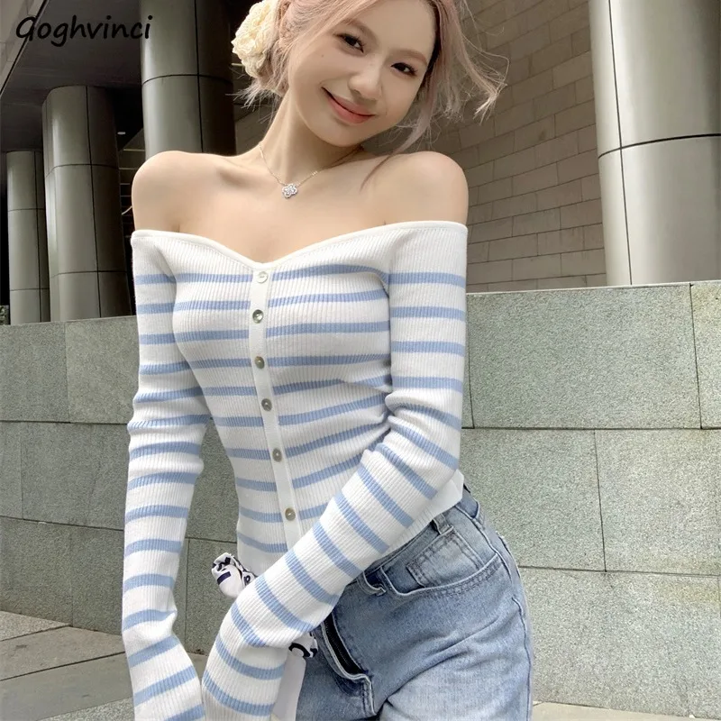 Women Shirt Striped Long Sleeve Slash Neck All-match Korean Fashion Knitted Off-shoulder Streetwear Sweet Spicy Girls Autumn Top