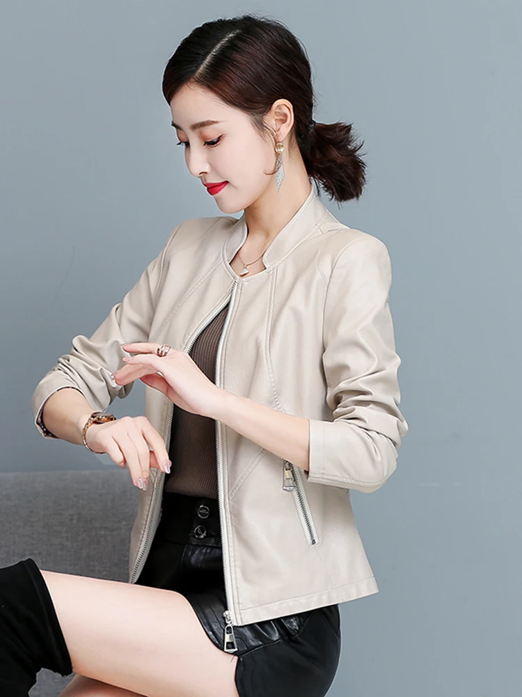   Chaqueta de Cuero Genuino Ning para Mujer, Estilo Corto, Primavera-Otoño 2026, Nueva Versión Coreana, Corte Ajustado, Cuello Alto, Estilo Motociclista