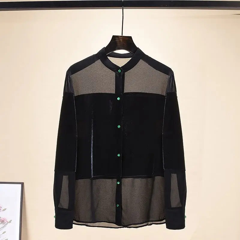 Fashion Sexy Sheer Mesh Spliced Button Blouse Autumn Women's Clothing Round Neck Casual Long Sleeve Solid Color Female Shirt