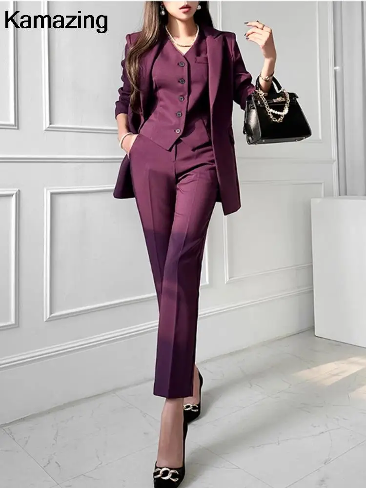 New Fashion Women Office 3 Piece Set Korean Formal Business Outfits Button Jackets V Neck Vest Pants Suit Female Clothing