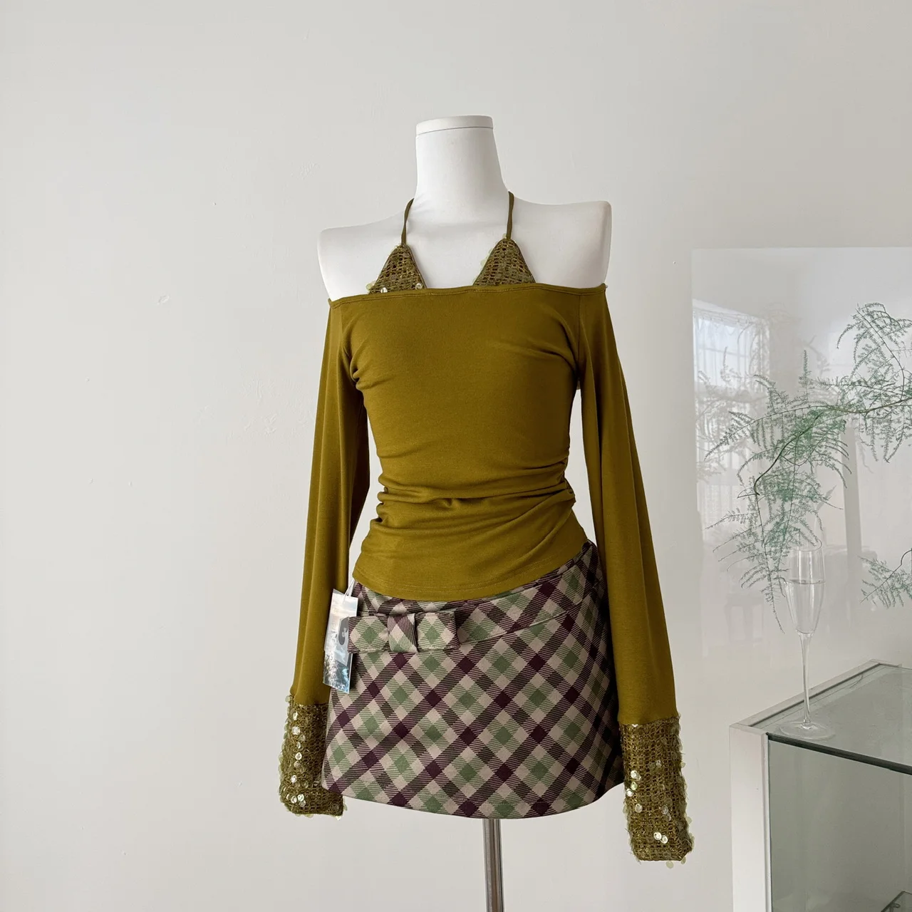 

Sexy Off Shoulder Top with Glitter - 2026 Spring Halter Neck Knit Shirt, Fake Two-Piece Layered Blouse