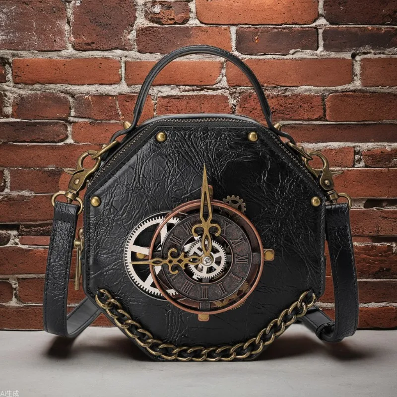 

PU leather steampunk motorcycle bag, Compass retro single-shoulder handbag, multi-functional crossbody octagonal bag