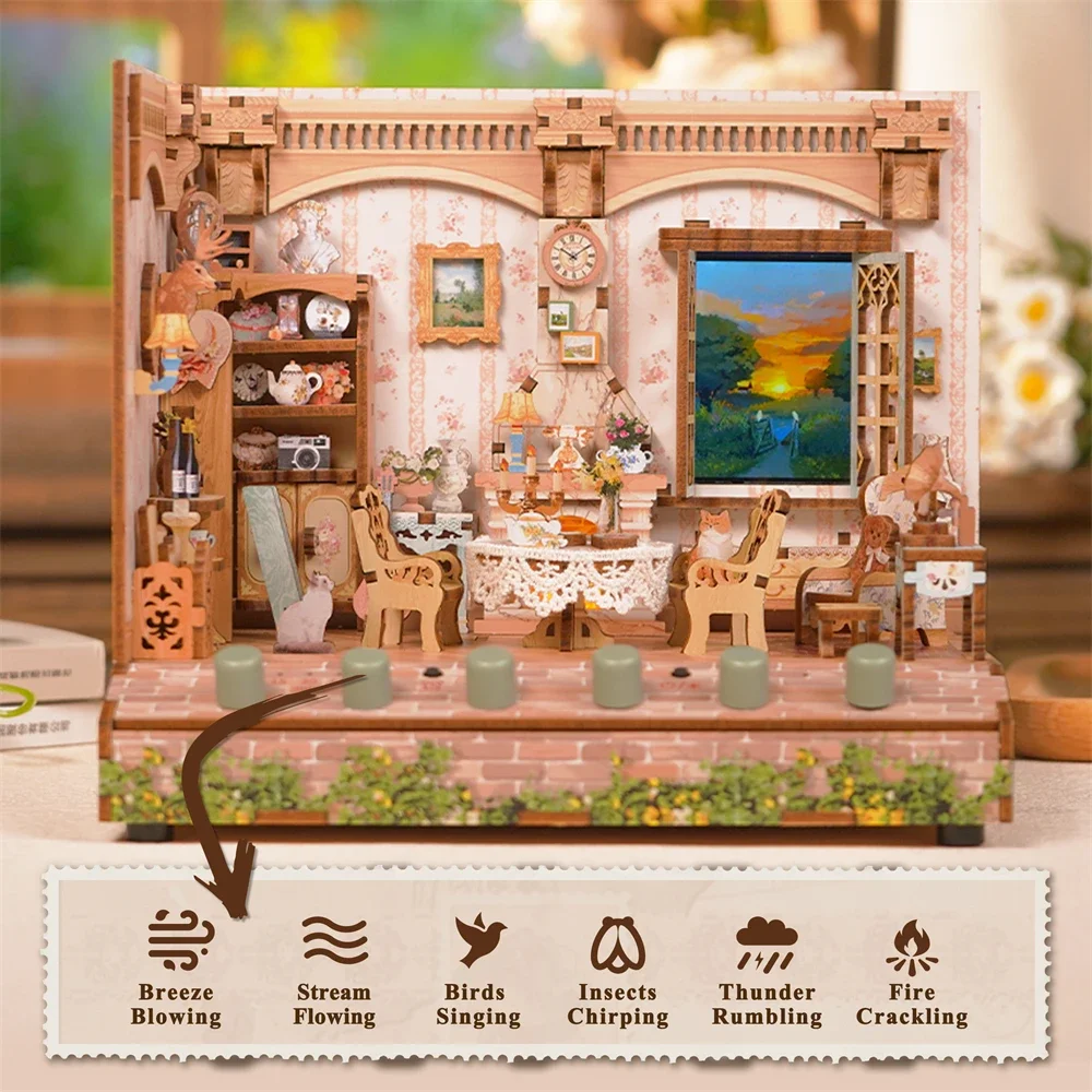 Tonecheer The Pastoral Home Sound  Machine Puzzle Educational Miniature Doll House Wood Crafts Decorations Lcd Scene Series