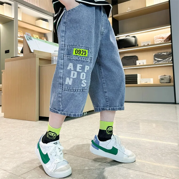 Teen Boys Shorts Jeans Children Baggy Fashion Straight Vintage Streetwear Denim 2024 Summer Loose Kids Denim Short Pants 10 12 Y