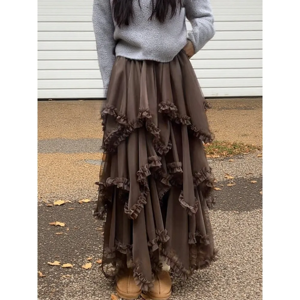 

Women'S Elegant Irregular Lace Gauze Skirt Tierred Autumn Spring A-Line Sweet Fairy Maxi Long Skirt Casual High Street Chic Y2K