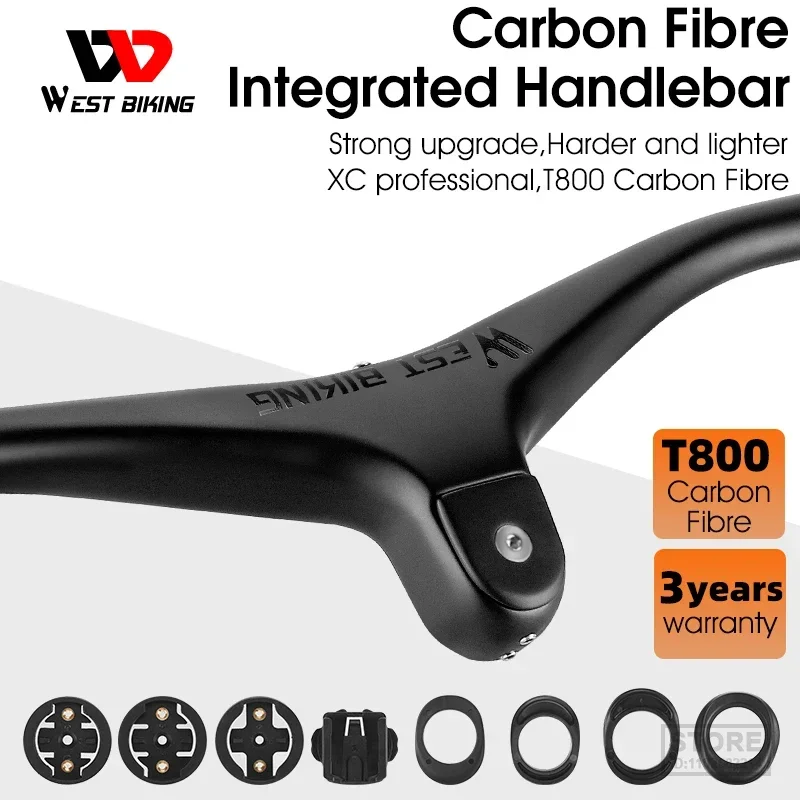 WEST BIKING MTB Integrated Carbon Handlebar T800 Carbon Fiber Handlebars 28.6mm 17 Degree for Mountain Bike Speedmeter Holder