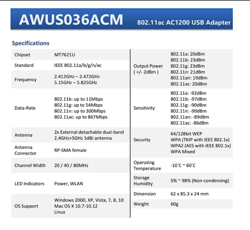 ALFA AWUS036ACM MT7612U 802.11AC 5GUSB  Dual-band network card