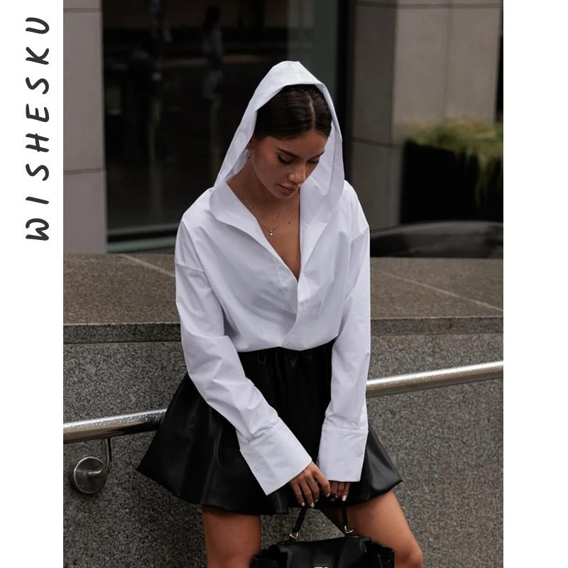 

Fashion Loose White Cotton Women's Shirt 2025 Summer Elegant Hooded Long Sleeve Blouses Streetwear Solid Top Female Clothing