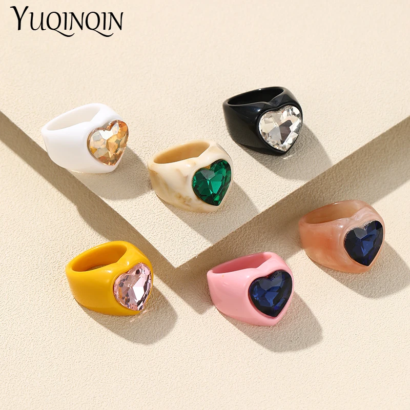 Fashion Heart Cute Big Rhinestone Rings Sets for Women Trendy Geometric Round Large Punk Ring for Girls Banquet Crystal Jewelry