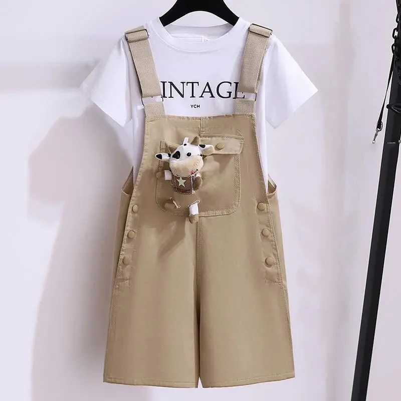 Cute Cow Doll Decoration Girls Overalls Summer New Solid Color Children\'s Bib Shorts Baby Girl Casual Loose Suspenders Shorts