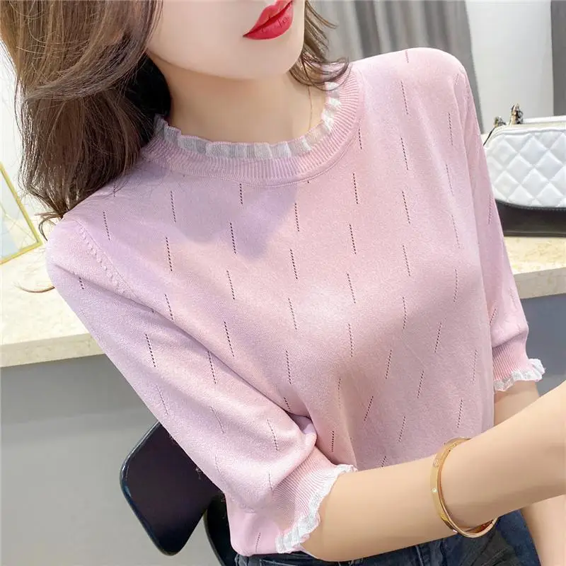 Fashion Hollow Out Spliced Half Sleeve Lace Blouses Female Clothing 2023 Autumn New Loose Solid Color Shirts All-match Blouses