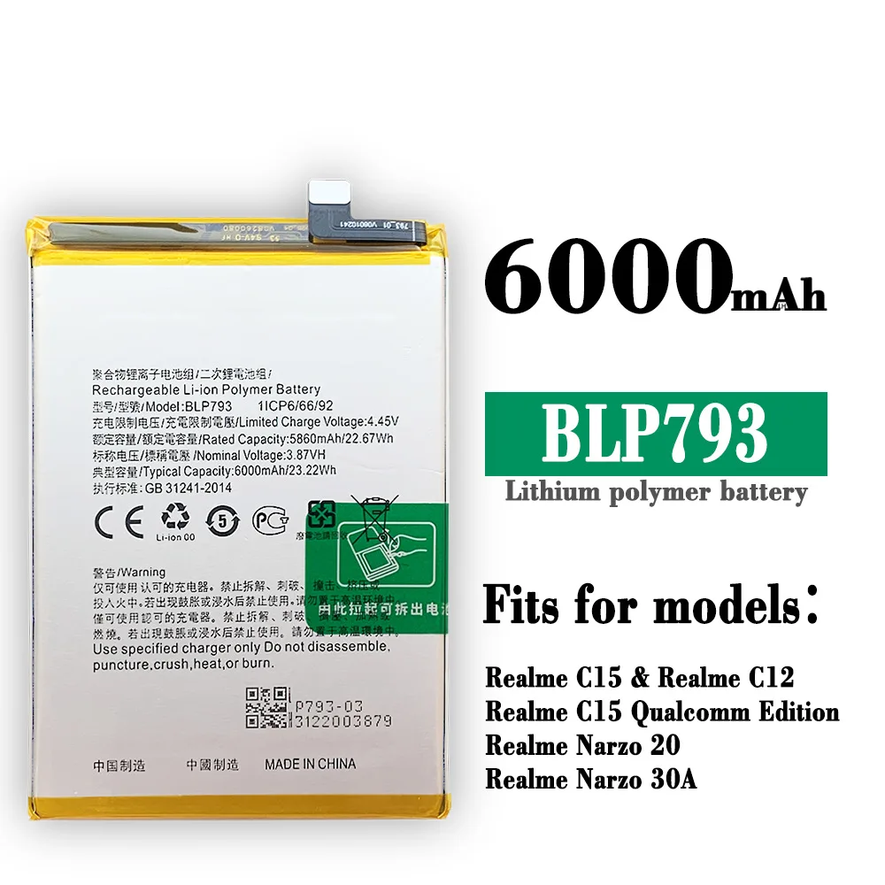 Replacement BLP793 Battery For Oppo Realme C11 C12 C15 C25 C25s Narzo 20 / Narzo 30A Mobile Phone 6000mAh Batteries