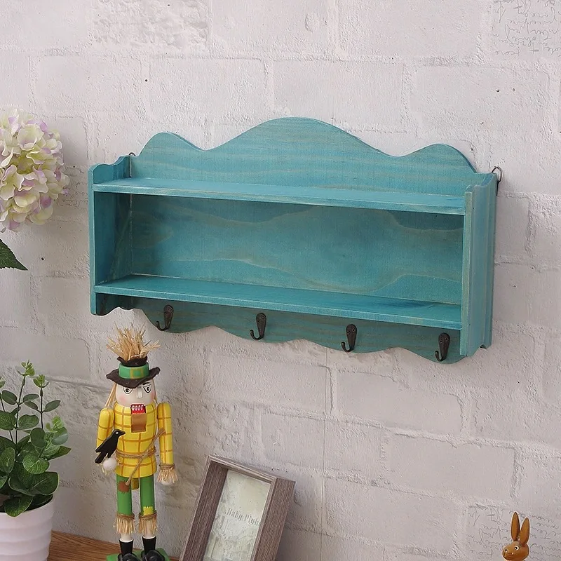 Small Beautiful Painted Wooden Vintage Shelf with Hooks