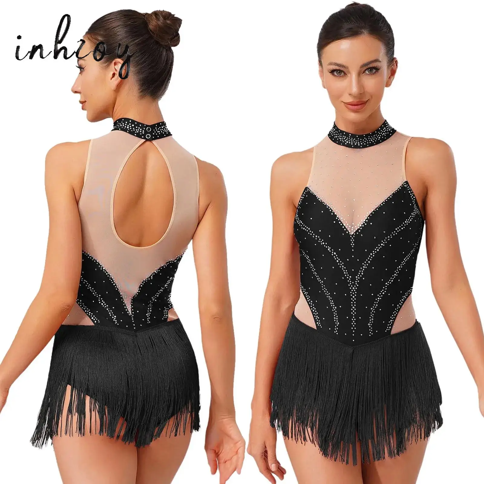 

Women Latin Dance Figure Skating Leotard Dress Sheer Mesh Rhinestones Fringe Bodysuit Jazz Rumba Tango Samba Cha-Cha Dancewear