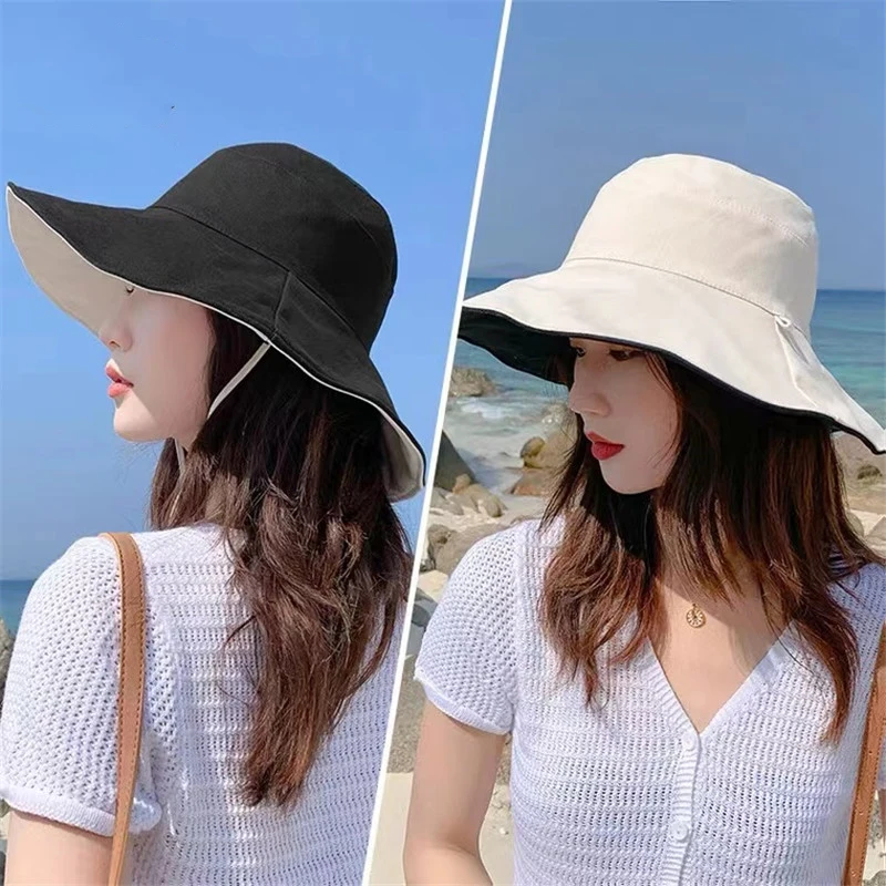 Double-sided Foldable Bucket Hat for Women Girls Summer Anti-UV Wide Brim Sun Hat Visor Fisherman Cap Beach Fishing Hats Caps