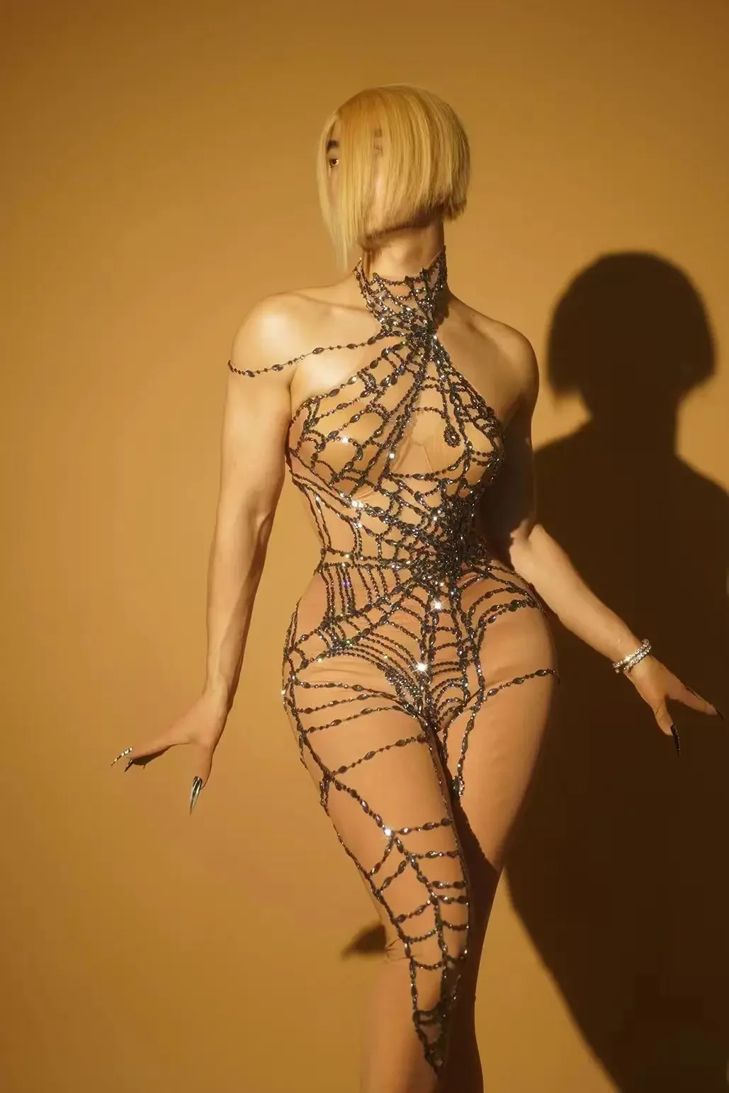 Spider Web Rhinestones Jumpsuit Black Transparent Mesh Sexy Jumpsuit Party Bar Dancing Floor Hot Dance Costume