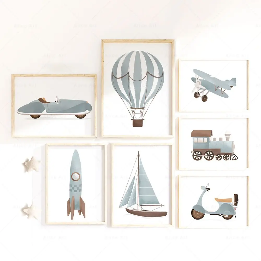 Airplane Hot Air Balloon Nautical Sailboat Wall Art Travel Nursery Kids Playroom Poster Blue Sage Green Print Baby BoyRoom Decor
