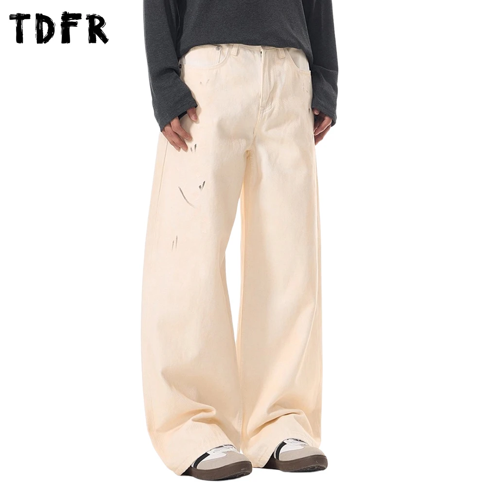 

Splash Ink Banana Jeans Mens Autumn Pocket Casual Retro Distressed Baggy Wide Leg Denim Pants Man