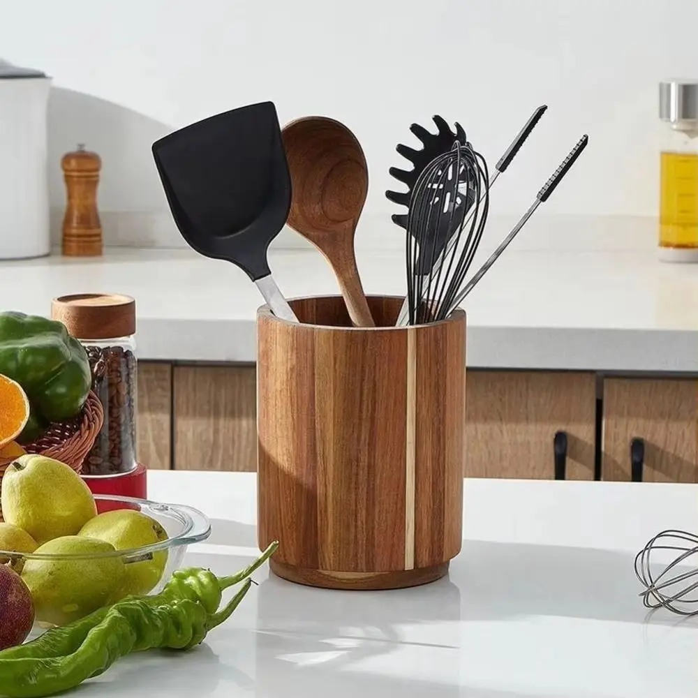 Porta utensilios de cocina de madera de alta gama 360 ° Organizador de tenedores grande giratorio de 16,5 cm, estante para cubiertos giratorio rústico, gabinete de despensa